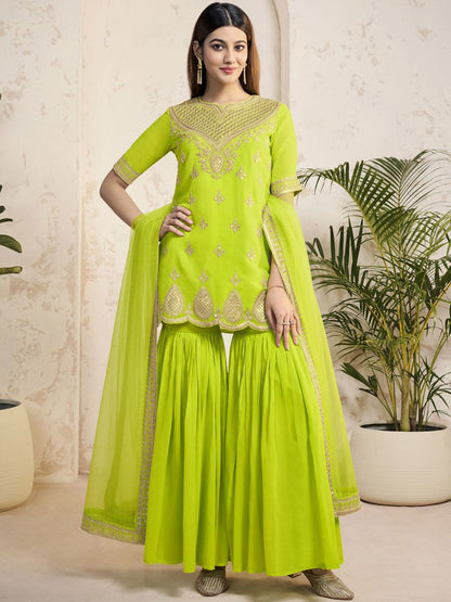 Dhiyona IN Women Ethnic Motifs Embroidered Regular Sequinned Kurta with Sharara & With Dupatta