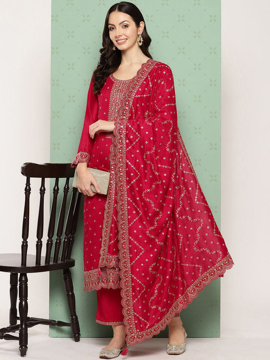 Women Ethnic Motifs Embroidered Regular Thread Work Kurta with Trousers & With Dupatta