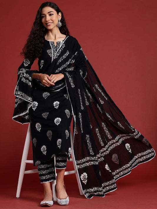 Dhiyona IE Floral Printed Regular Pure Cotton Kurta With Trousers & Dupatta