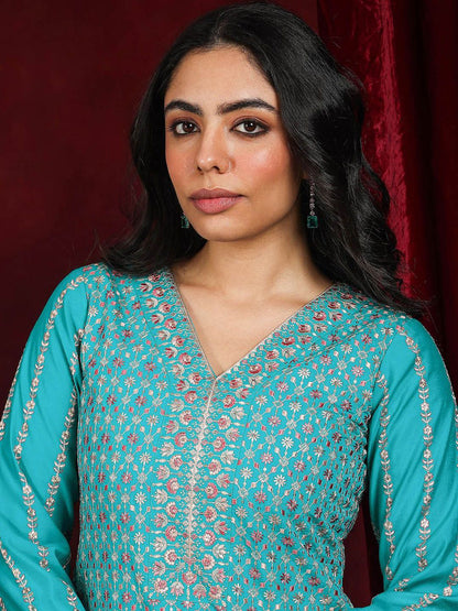 Dhiyona LL Floral Embroidered V-Neck Sequinned Straight Kurta With Palazzos & Dupatta