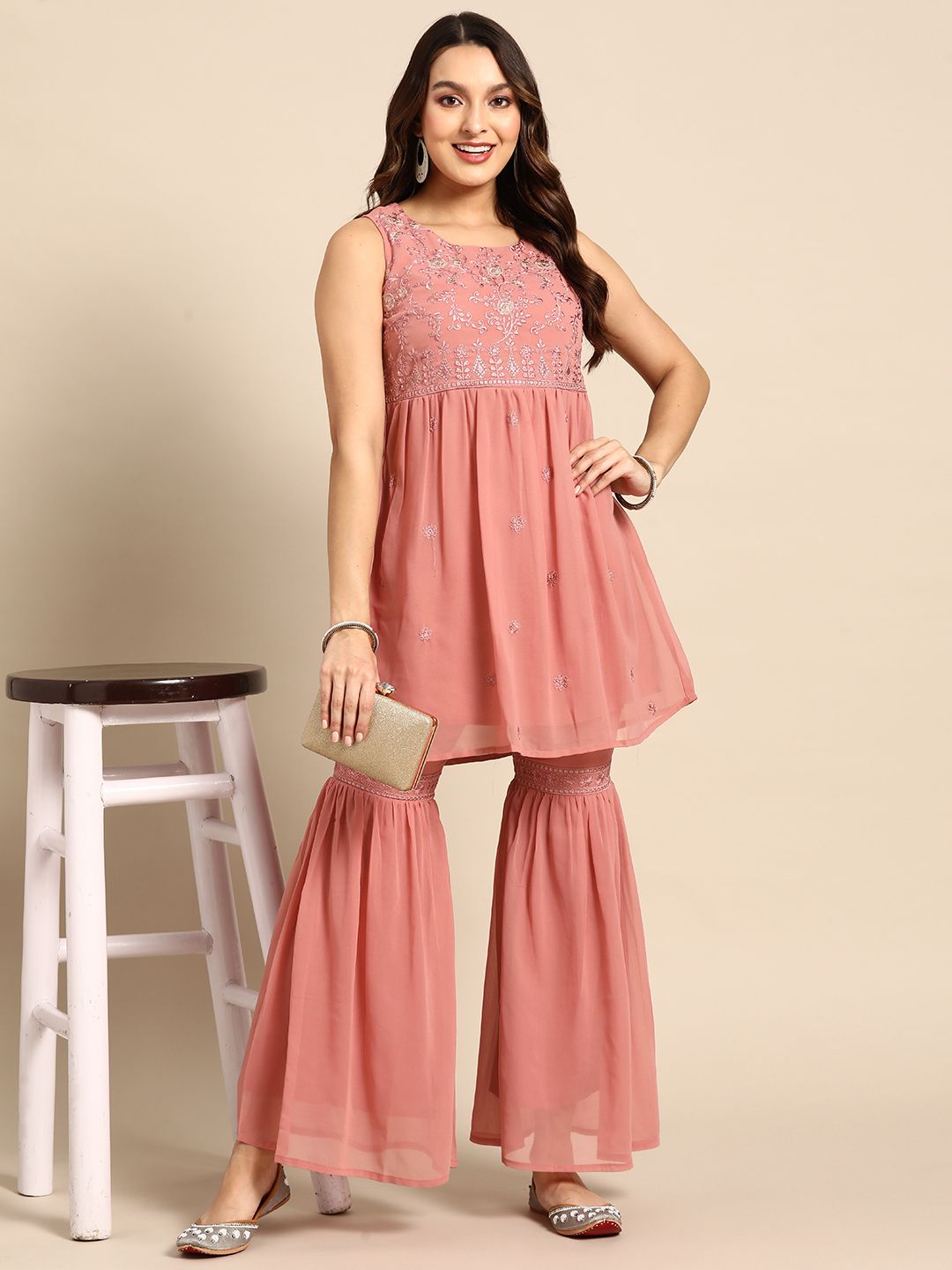 Dhiyona AN Women Embroidered Pleated Thread Work Kurti With Sharara