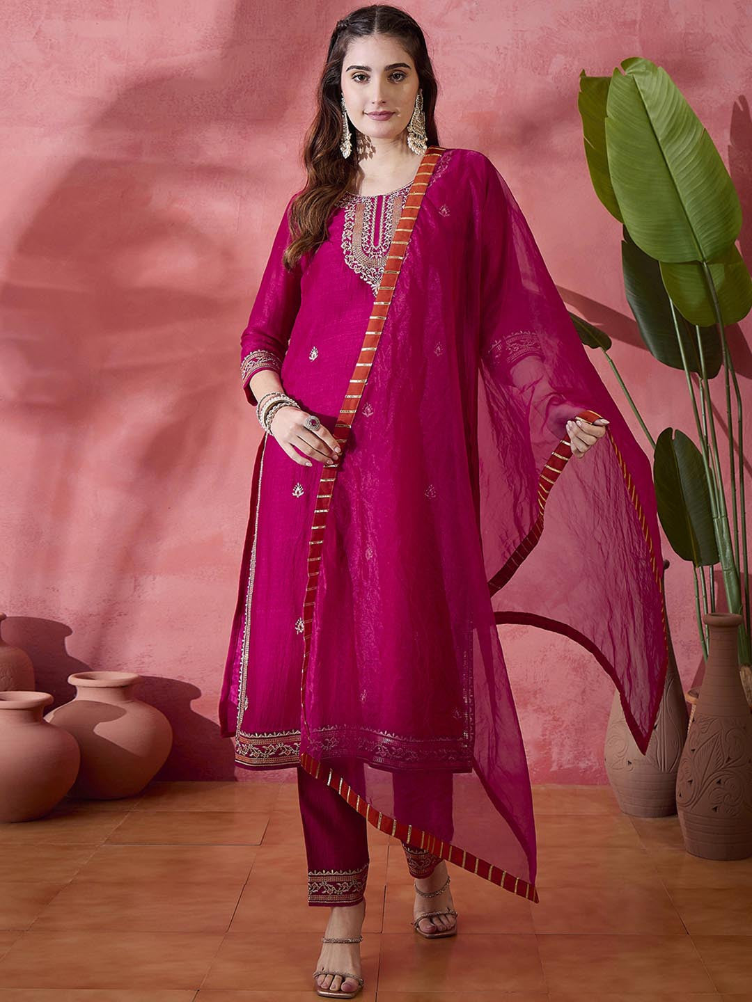 Pink Floral Embroidered Round Neck Straight Kurta With Trousers And Dupatta