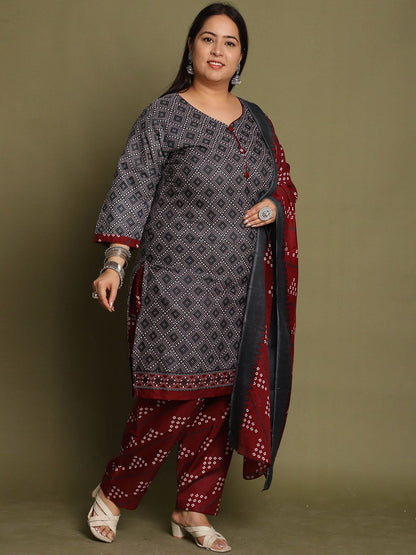 Dhiyona KL Women Plus Size Geometric Printed Kurta with Salwar & Dupatta