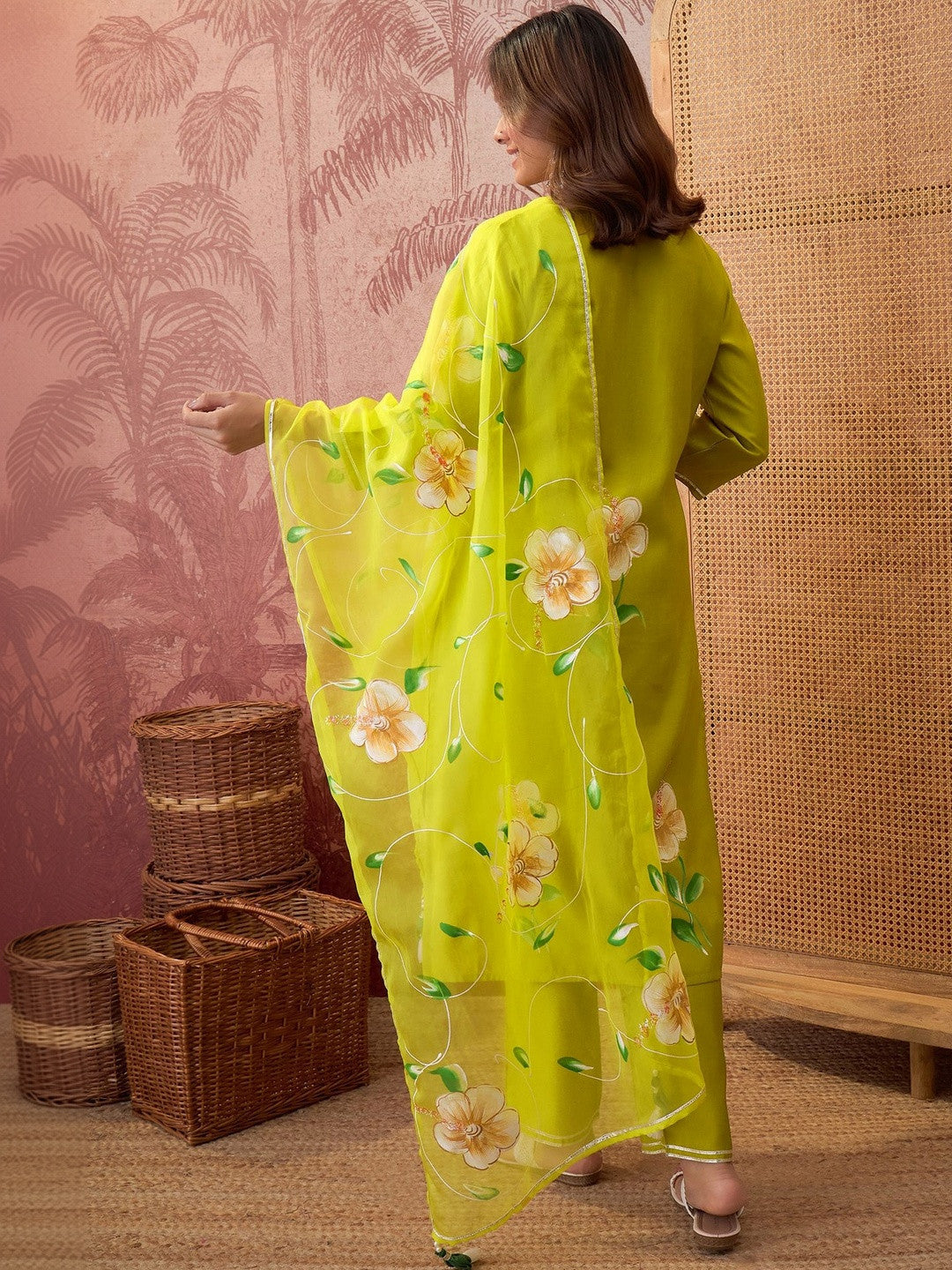 Hand block Printed V-Neck Kurta & Trousers With Dupatta