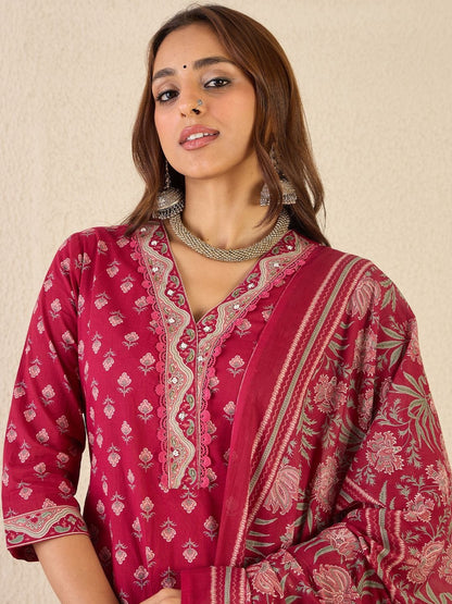 Women Ethnic Motifs Printed Regular Beads and Stones Pure Cotton Kurta with Patiala & With Dupatta