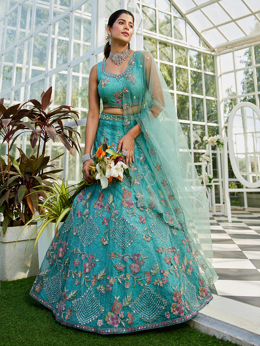 Lime Green net with Coding & Zarkan embroidery  Lehenga choli & Dupatta
