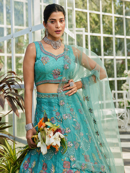 Lime Green net with Coding & Zarkan embroidery  Lehenga choli & Dupatta