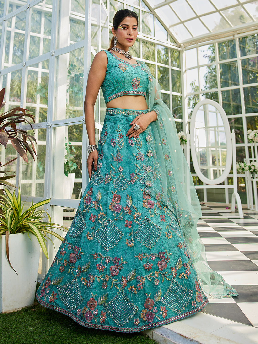 Lime Green net with Coding & Zarkan embroidery  Lehenga choli & Dupatta