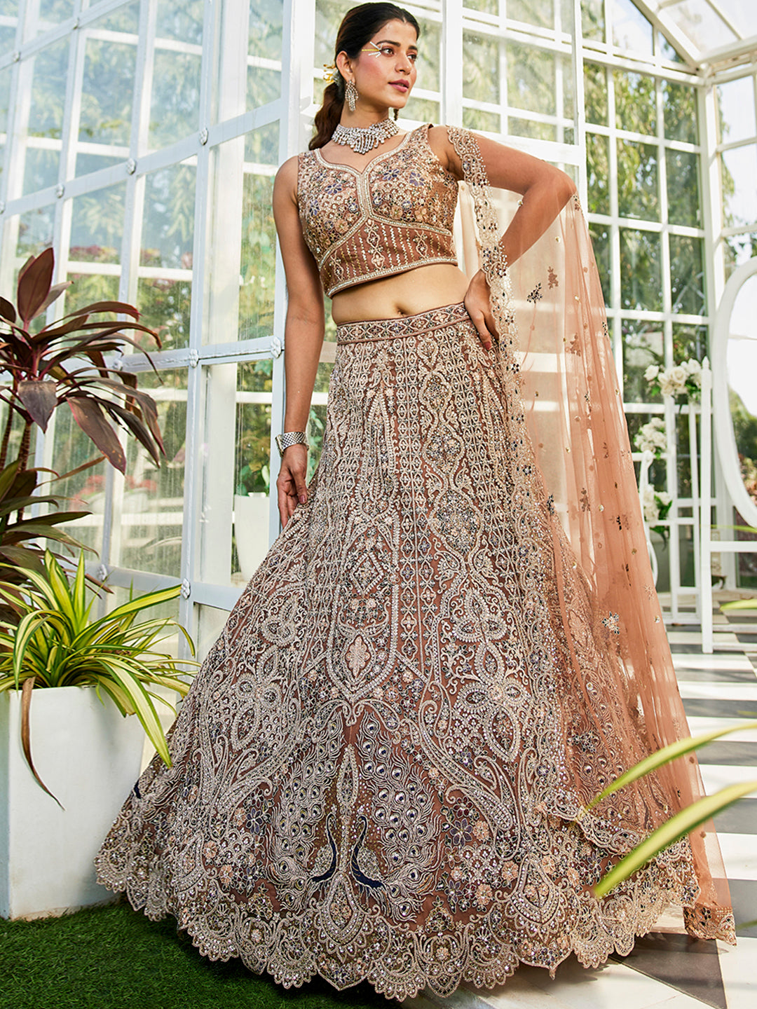 Brown net with Beads & Zarkan embroidery  Lehenga choli & Dupatta