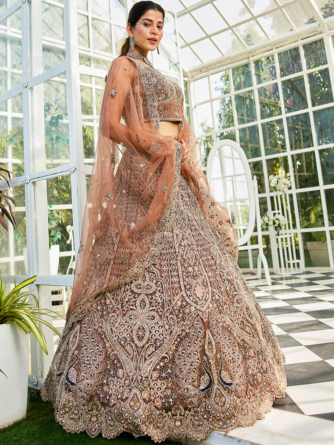 Brown net with Beads & Zarkan embroidery  Lehenga choli & Dupatta