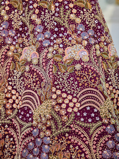 Burgundy net with Coding & Zarkan embroidery  Lehenga choli & Dupatta