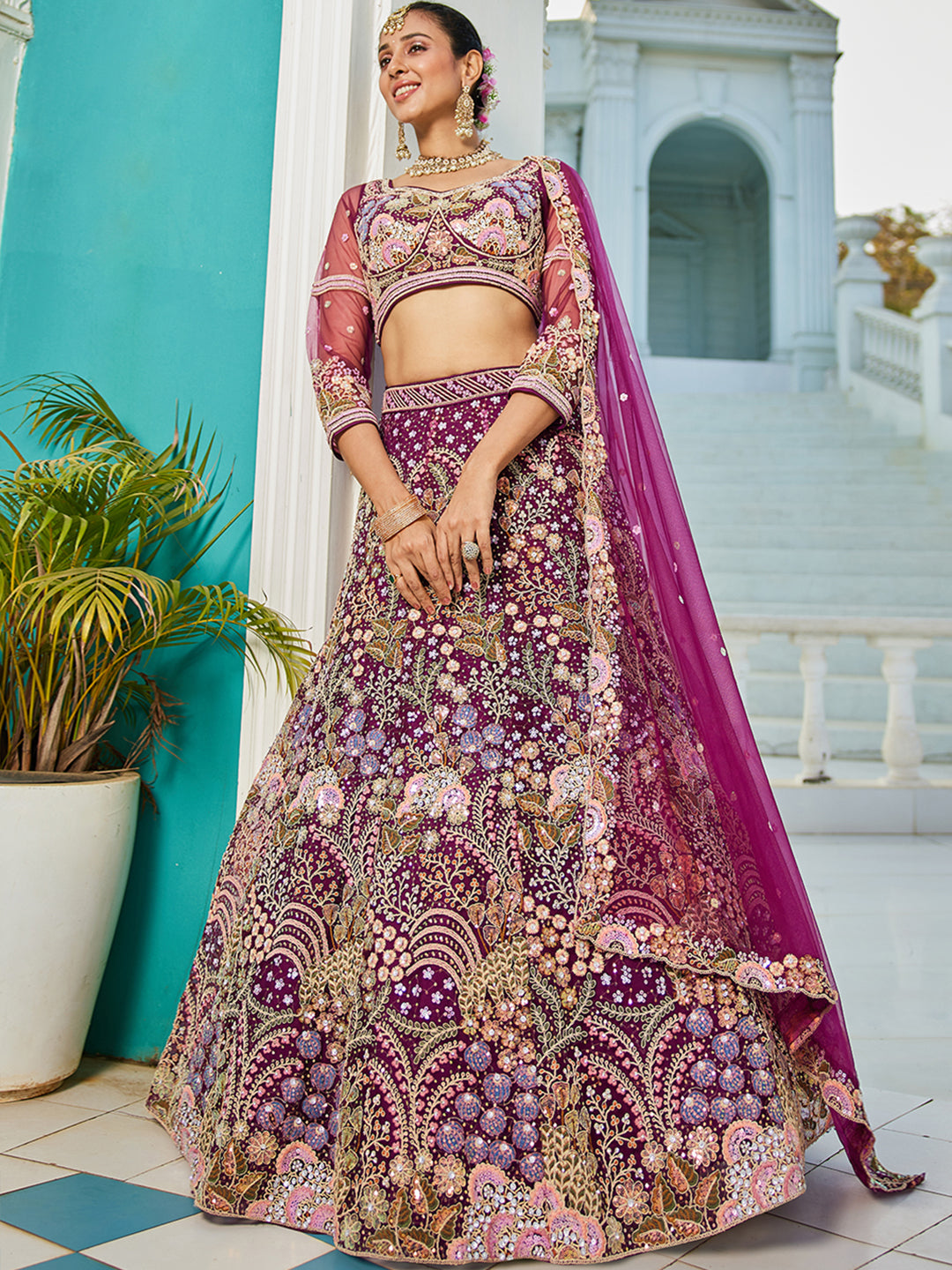 Burgundy net with Coding & Zarkan embroidery  Lehenga choli & Dupatta