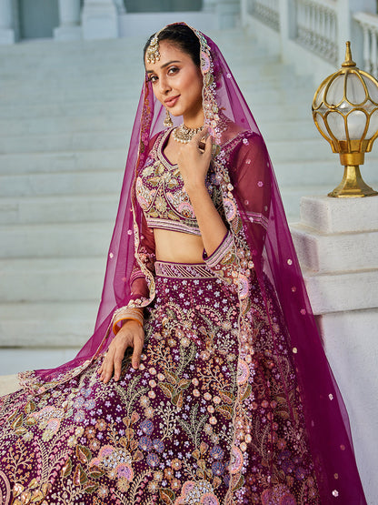 Burgundy net with Coding & Zarkan embroidery  Lehenga choli & Dupatta