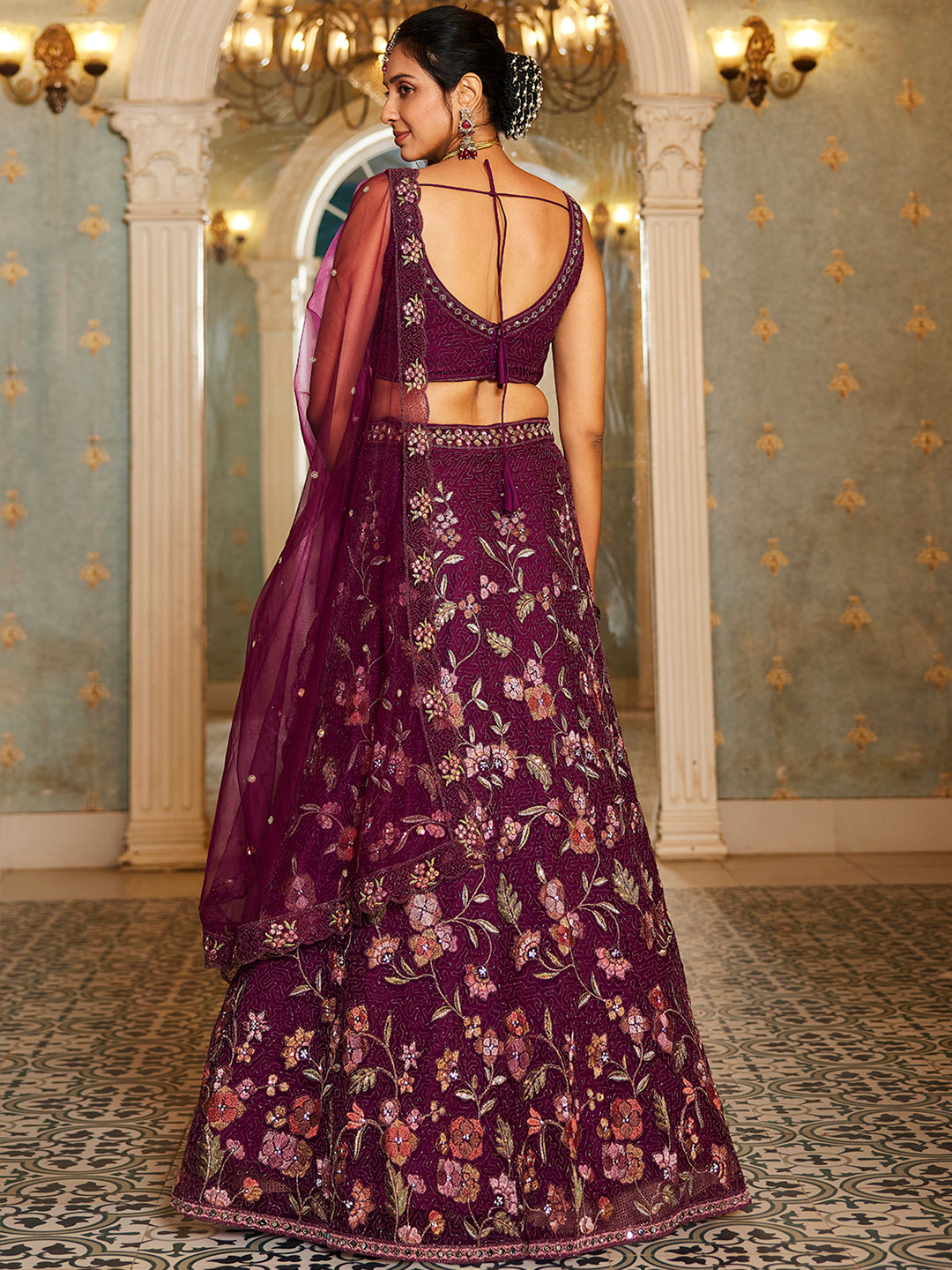 Burgundy net with Coding & Zarkan embroidery  Lehenga choli & Dupatta