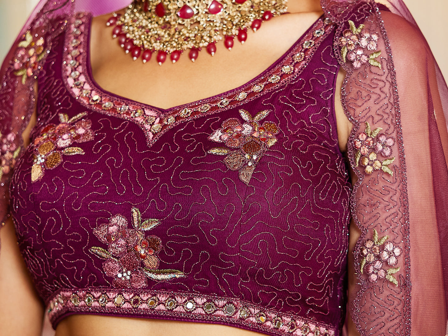 Burgundy net with Coding & Zarkan embroidery  Lehenga choli & Dupatta