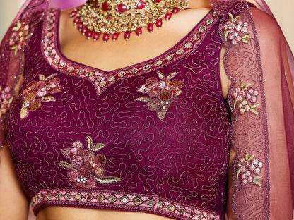 Burgundy net with Coding & Zarkan embroidery  Lehenga choli & Dupatta