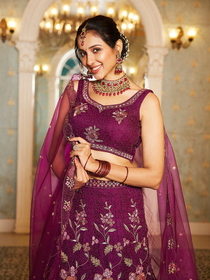 Burgundy net with Coding & Zarkan embroidery  Lehenga choli & Dupatta