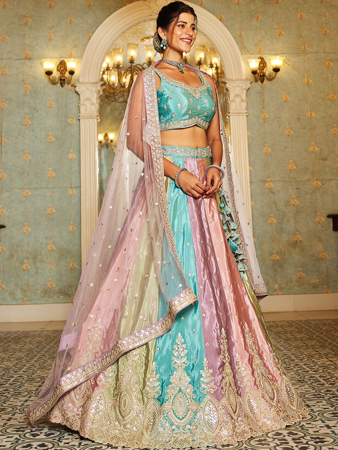 Multi colour Satin silk Fabric with Sequinse & Thread embroidery  Lehenga choli & Dupatta