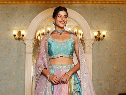 Multi colour Satin silk Fabric with Sequinse & Thread embroidery  Lehenga choli & Dupatta