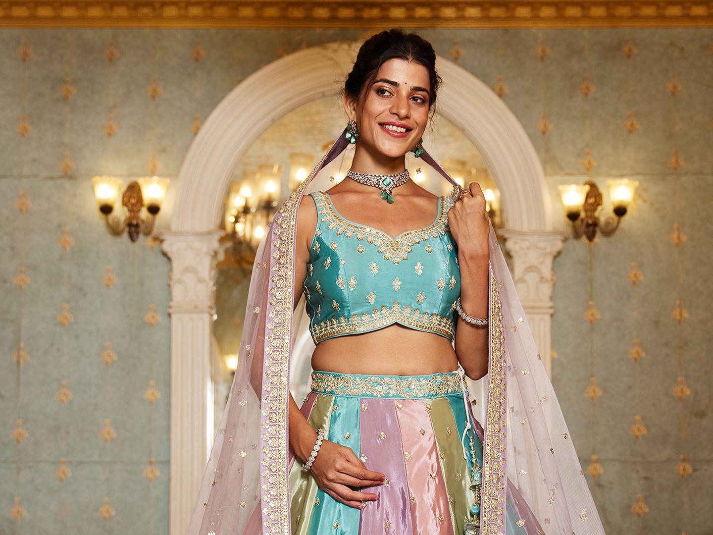 Multi colour Satin silk Fabric with Sequinse & Thread embroidery  Lehenga choli & Dupatta