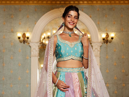 Multi colour Satin silk Fabric with Sequinse & Thread embroidery  Lehenga choli & Dupatta