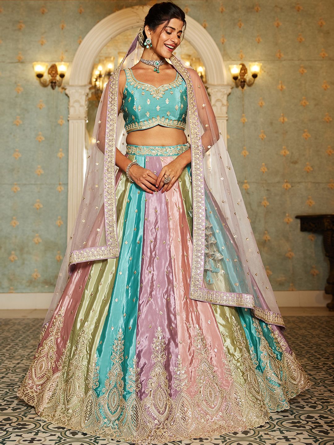 Multi colour Satin silk Fabric with Sequinse & Thread embroidery  Lehenga choli & Dupatta