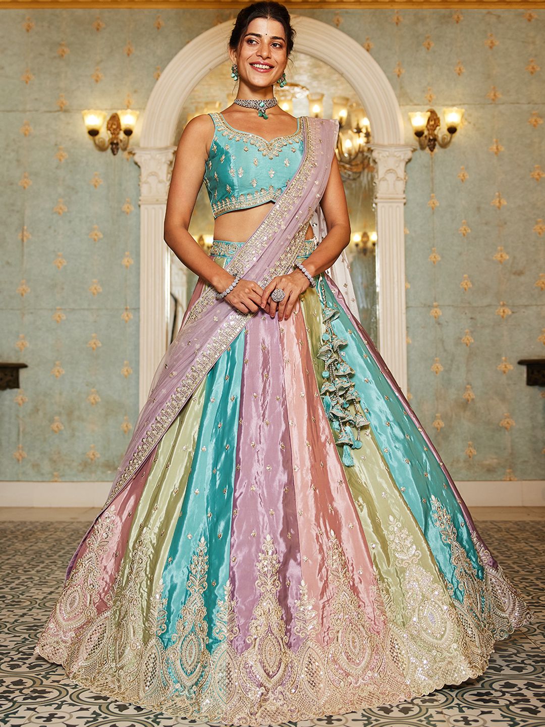 Multi colour Satin silk Fabric with Sequinse & Thread embroidery  Lehenga choli & Dupatta