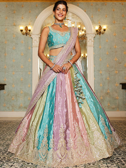 Multi colour Satin silk Fabric with Sequinse & Thread embroidery  Lehenga choli & Dupatta
