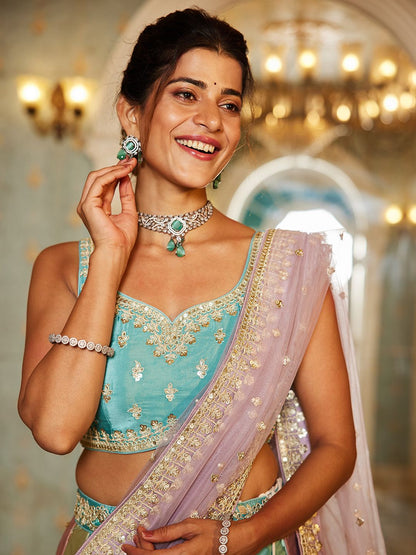 Multi colour Satin silk Fabric with Sequinse & Thread embroidery  Lehenga choli & Dupatta