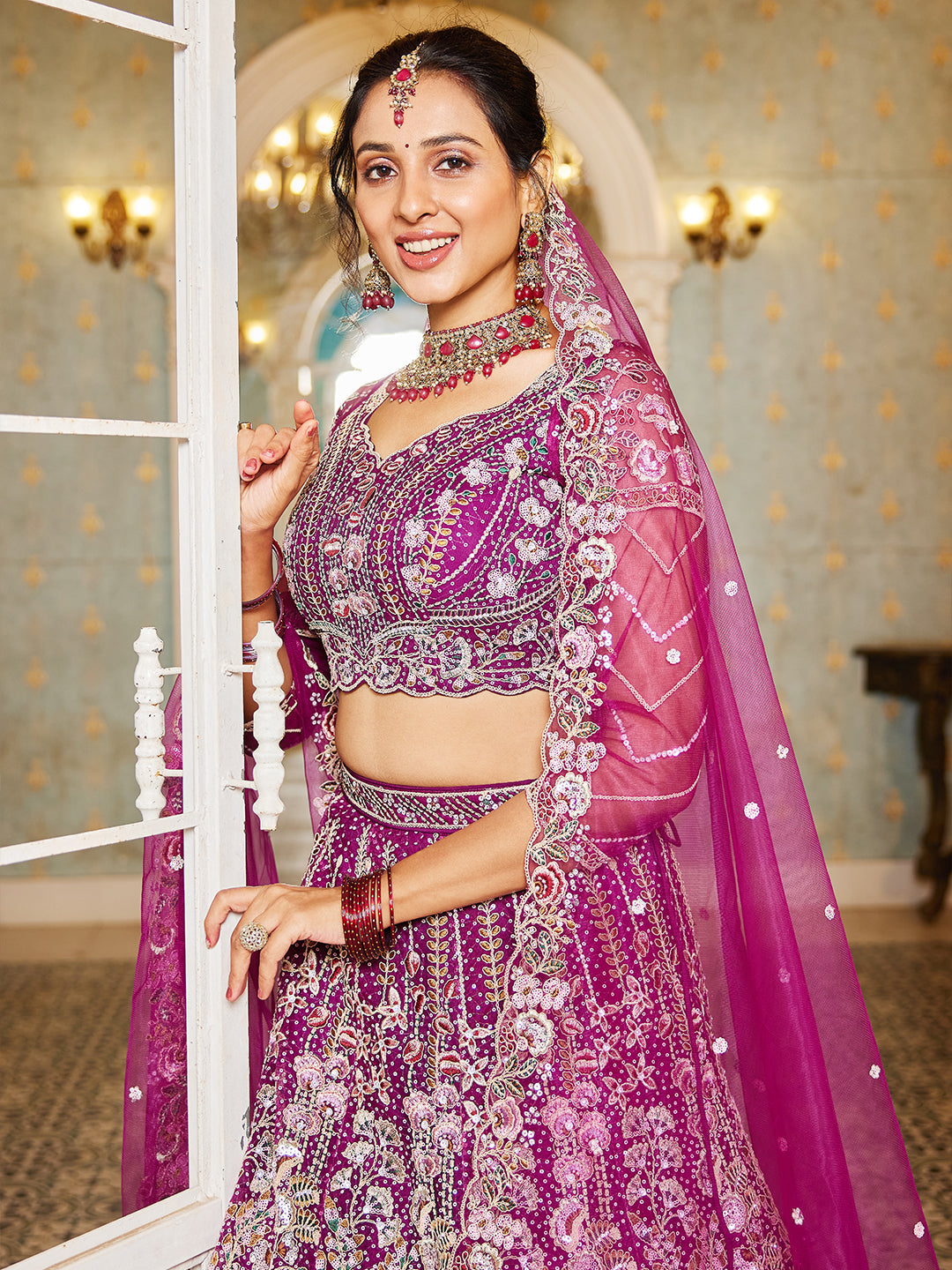 Burgundy net and Coding & Zarkan embroidery  Lehenga choli & Dupatta
