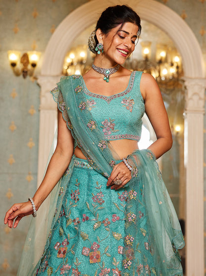 Lime Green net with Coding & Zarkan embroidery  Lehenga choli & Dupatta