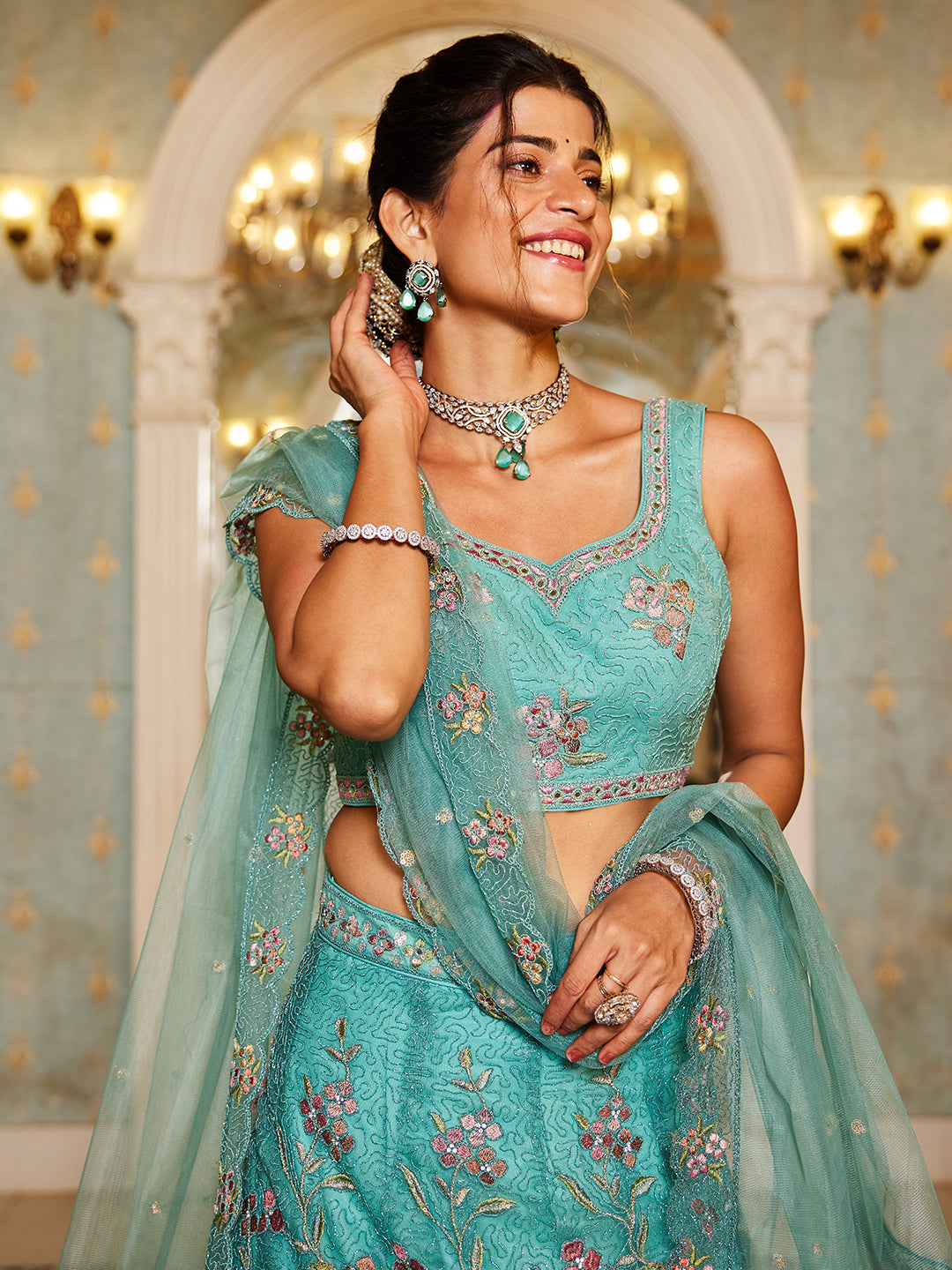 Lime Green net with Coding & Zarkan embroidery  Lehenga choli & Dupatta