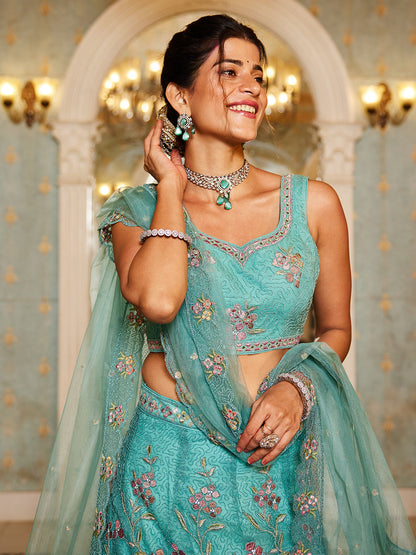 Lime Green net with Coding & Zarkan embroidery  Lehenga choli & Dupatta