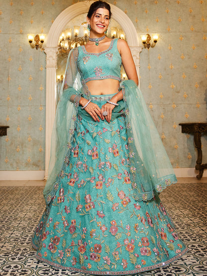 Lime Green net with Coding & Zarkan embroidery  Lehenga choli & Dupatta