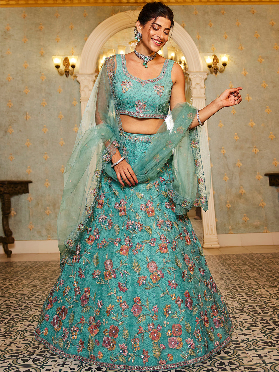 Lime Green net with Coding & Zarkan embroidery  Lehenga choli & Dupatta
