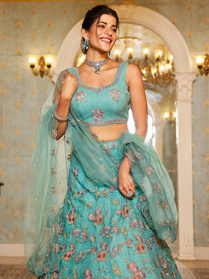 Lime Green net with Coding & Zarkan embroidery  Lehenga choli & Dupatta