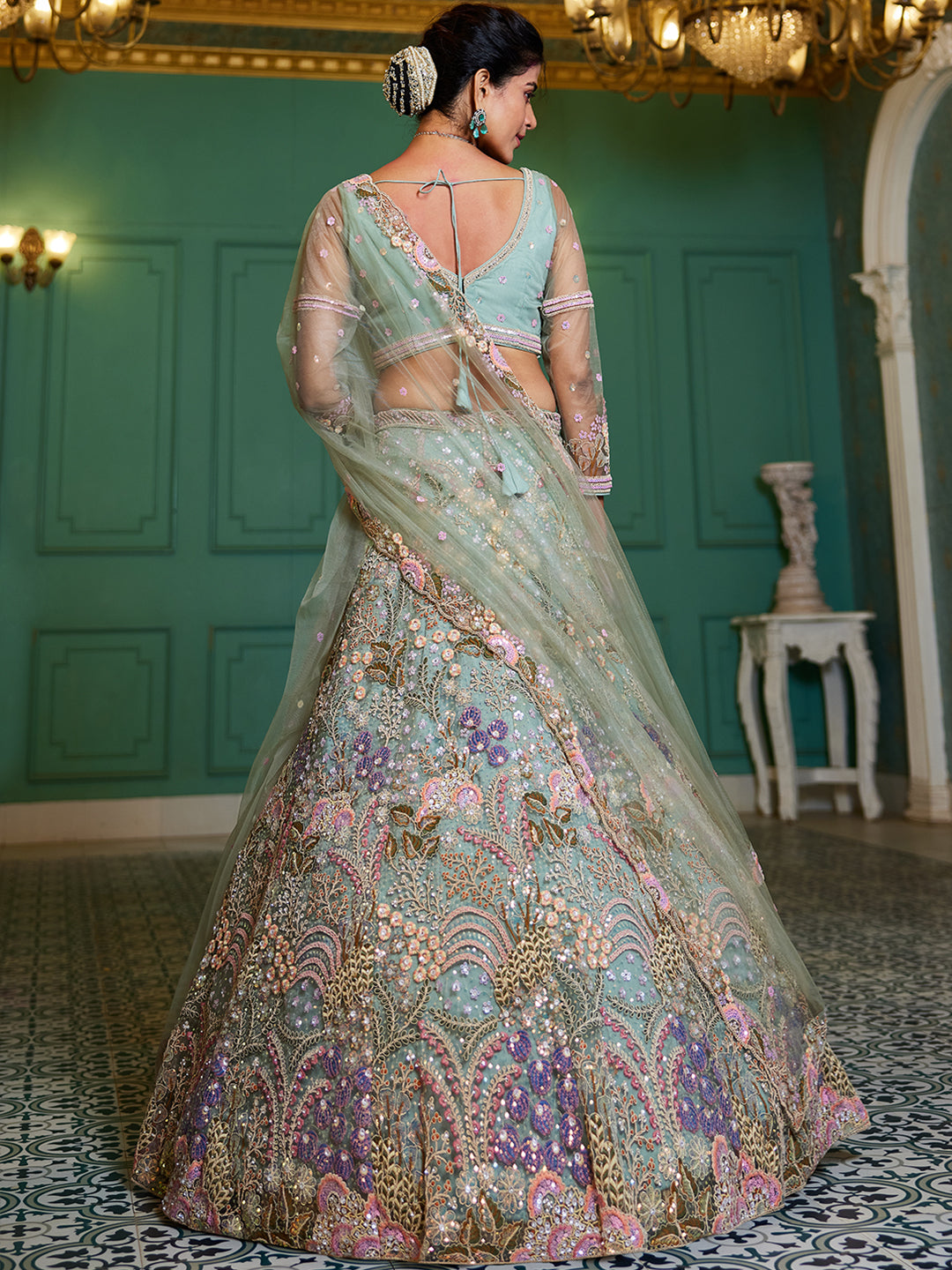 Lime Green net with Coding & Zarkan embroidery  Lehenga choli & Dupatta