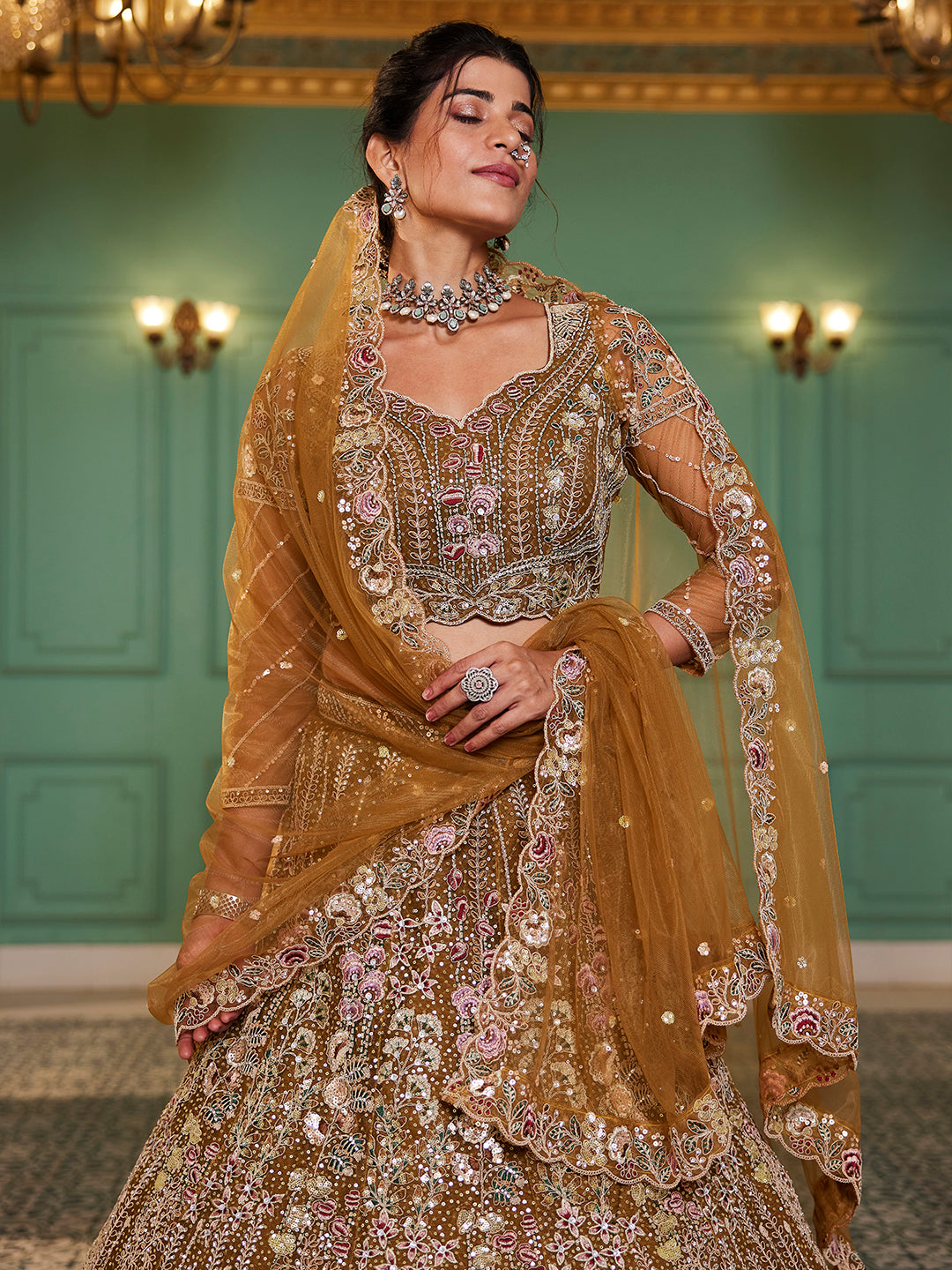 Mustard net and Coding & Zarkan embroidery  Lehenga choli & Dupatta