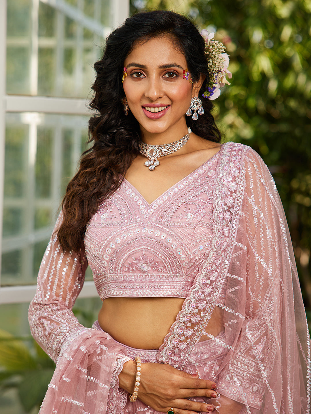 Pink net with Beads & Zarkan embroidery  Lehenga choli & Dupatta