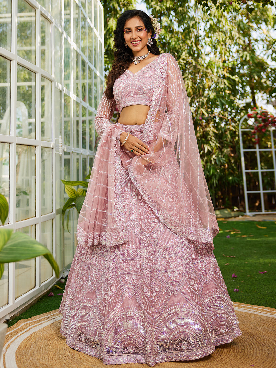 Pink net with Beads & Zarkan embroidery  Lehenga choli & Dupatta