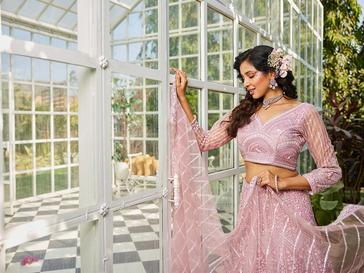 Pink net with Beads & Zarkan embroidery  Lehenga choli & Dupatta