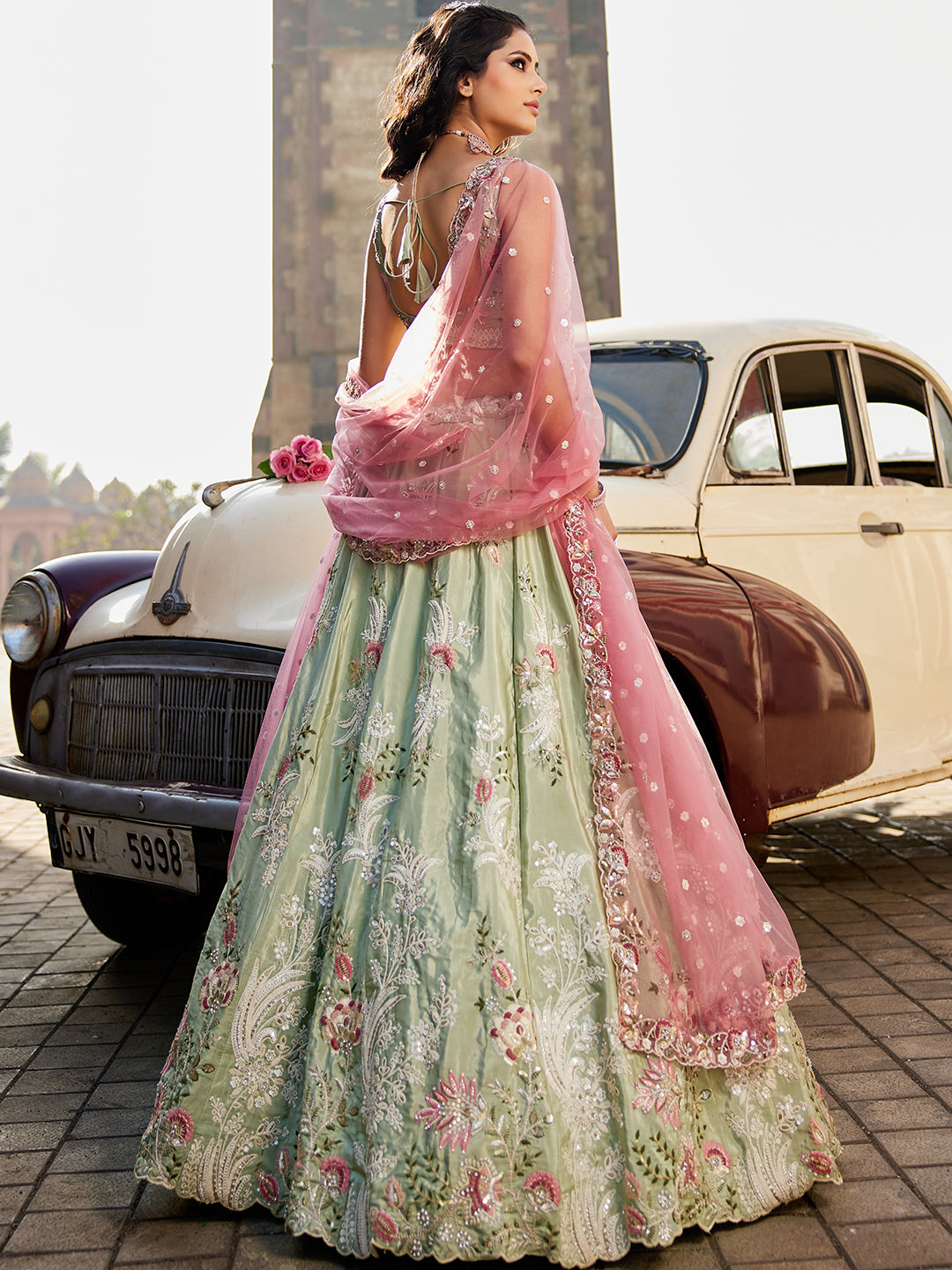 Women's Lime green Satin Silk Sequins embroidery Lehenga choli & Dupatta