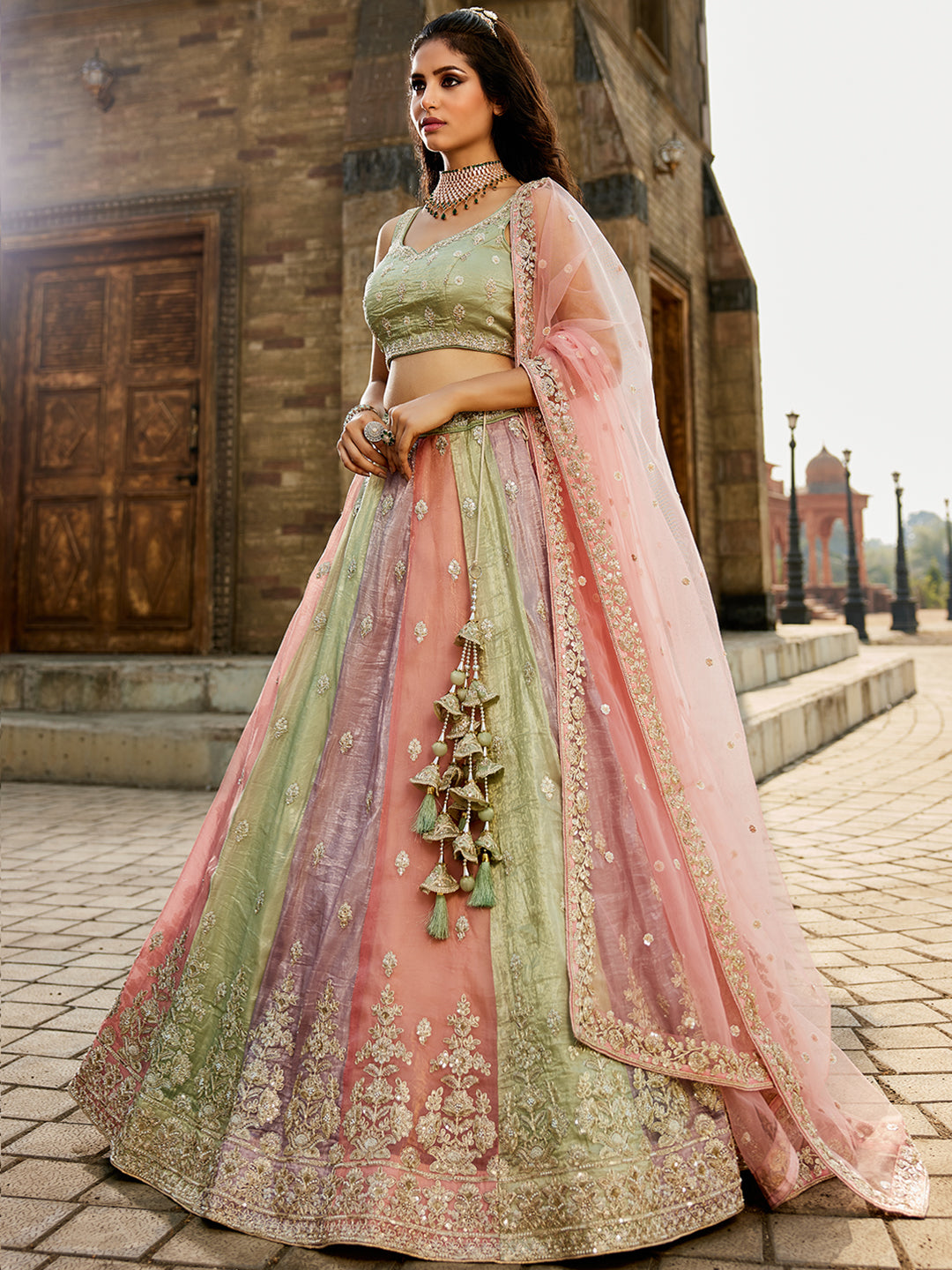 Women's Multi colour Tissue Sequinse embroidery Lehenga choli & Dupatta