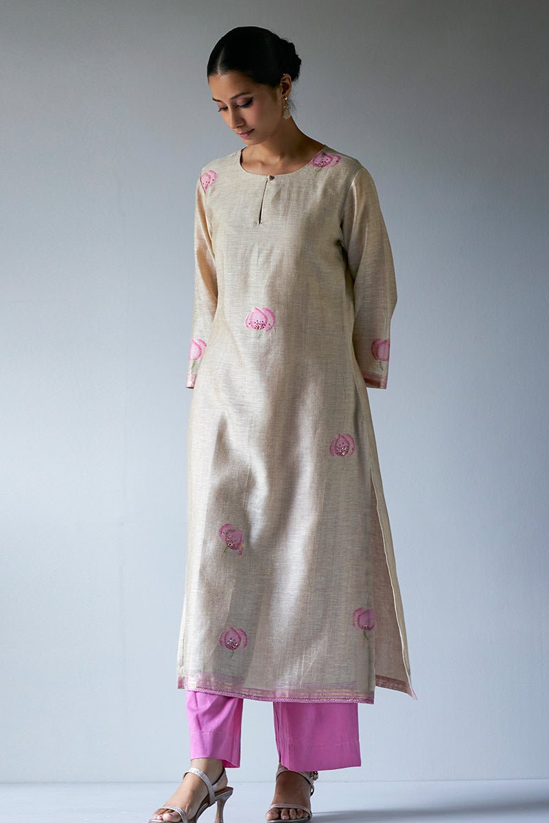 Women's Beige and Pink Woven Kurta Suit Set With Delicate Hand Work Detailing