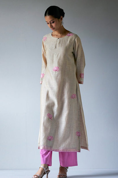 Women's Beige and Pink Woven Kurta Suit Set With Delicate Hand Work Detailing