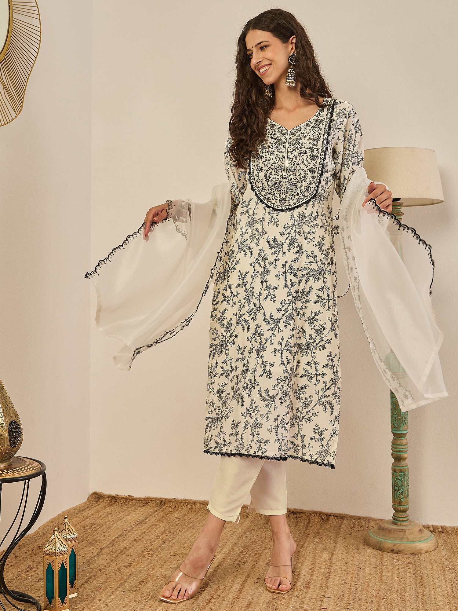 Dhiyona VV Vyomika Cream Silk Blend Kurta with Trousers & Dupatta Suits