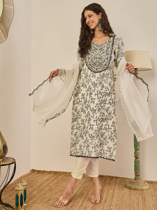 Dhiyona VV Vyomika Cream Silk Blend Kurta with Trousers & Dupatta Suits