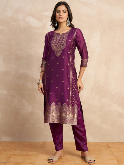 Dhiyona VV Paneri Purple Women's Silk Blend Banarasi Jacquard Zari Woven Straight Kurta Pant with Dupatta Set