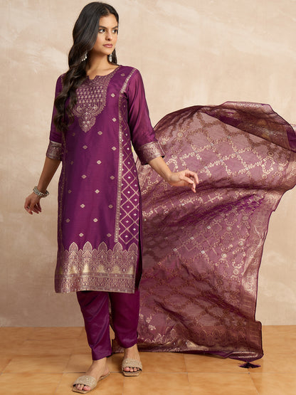 Dhiyona VV Paneri Purple Women's Silk Blend Banarasi Jacquard Zari Woven Straight Kurta Pant with Dupatta Set