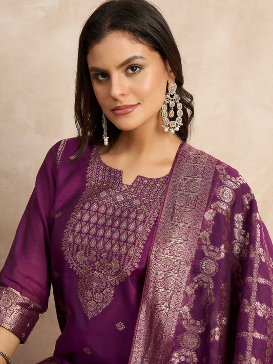 Dhiyona VV Paneri Purple Women's Silk Blend Banarasi Jacquard Zari Woven Straight Kurta Pant with Dupatta Set